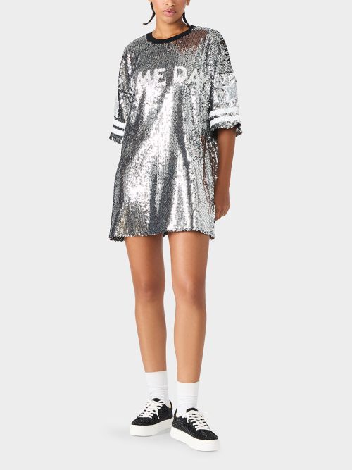 GAME DAY JERSEY SEQUIN DRESS SILVER
